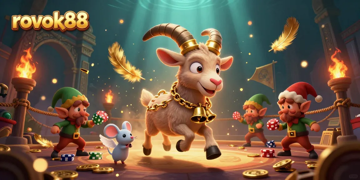 Engage with rokok88's playful casino scene featuring a Krampus goat, angel mouse, and elf gremlins!