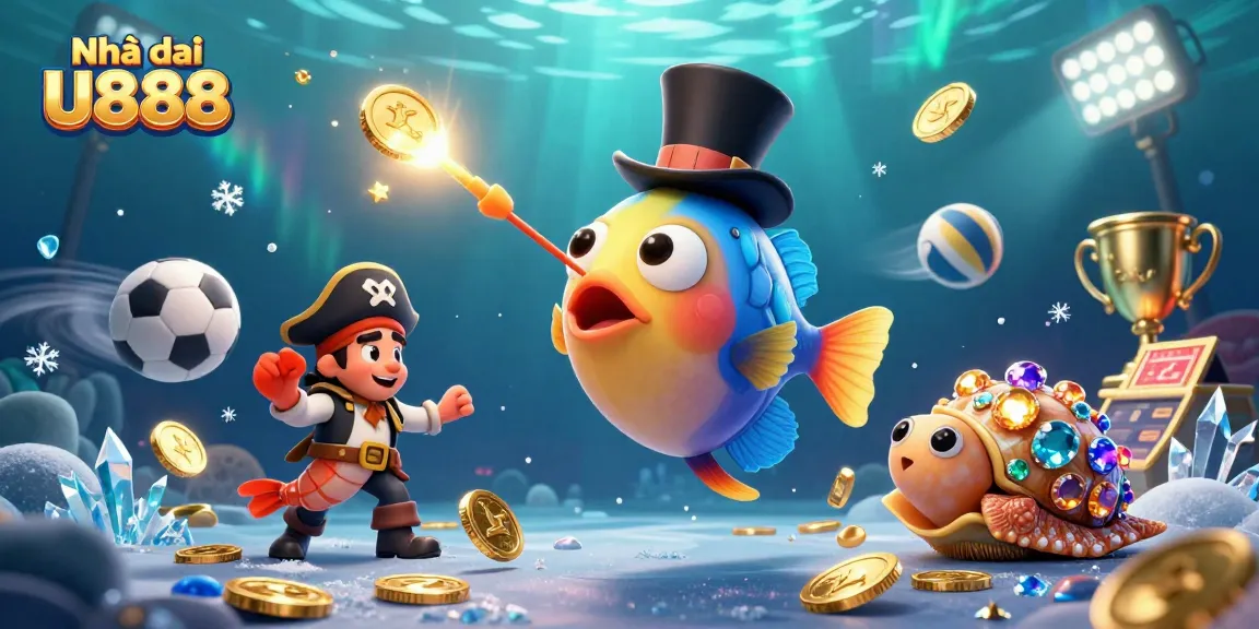 Join the excitement at Nhà cái U888 with this vibrant, action-packed illustration featuring dynamic sea creatures and sports elements.