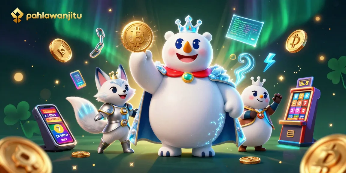 Pahlawanjitu showcases an exciting gaming scene with a king polar bear and snow fox amidst glowing crypto coins and slot machines.