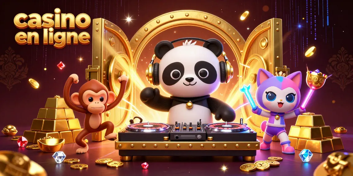 Jouer sur un casino en ligne avec l'illustration d'un panda DJ, un singe danseur et un chat rave.