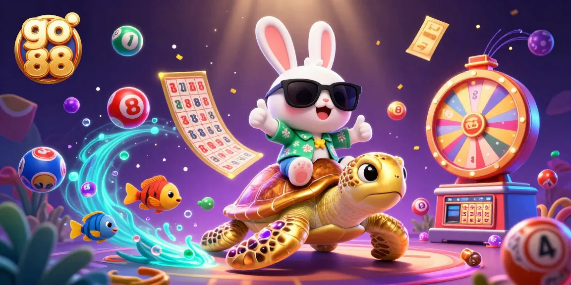 Win big with go 88 as the lucky rabbit rides the golden turtle in a vibrant gambling scene.