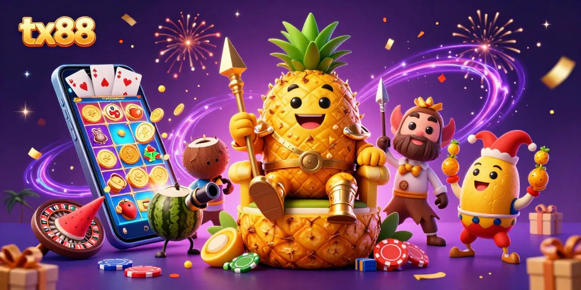 Win big with tx88 in this vibrant casino scene featuring a golden pineapple king.
