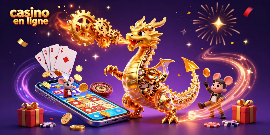 Jouez au casino en ligne avec un dragon mécanique doré et des éléments de jeu vibrants.