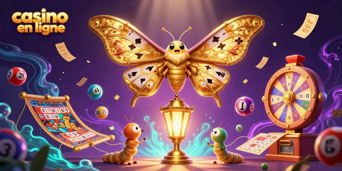 Découvrez un casino en ligne vibrant avec des éléments de jeu animés et un papillon majestueux.