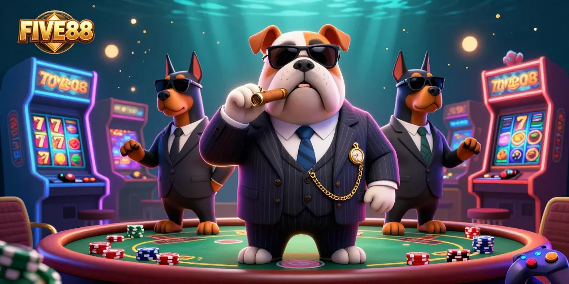 Engage with FIVE88 at dynamic casino games featuring a mafia boss bulldog and Doberman bodyguards.