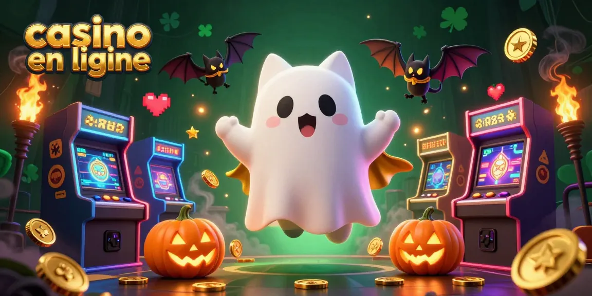 Jouez au casino en ligne avec un chat fantôme, une chauve-souris et des citrouilles, ambiance festive.