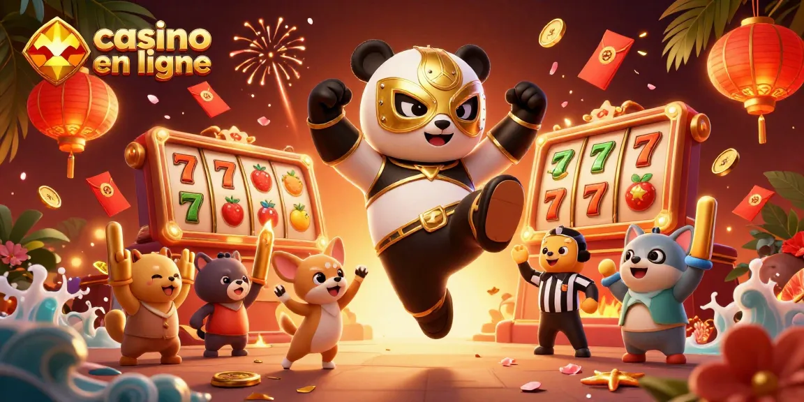 Des animaux fêtent au "casino en ligne" avec un panda lutteur et des éléments festifs.