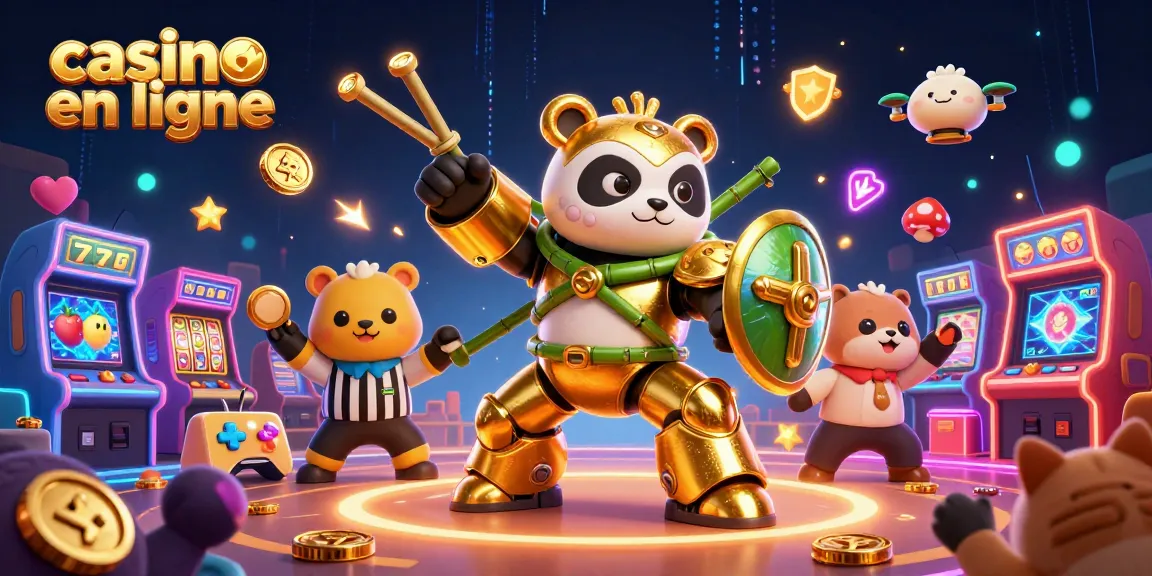 Visuel dynamique d'un panda en costume de mech dans un casino en ligne, avec jackpots et jeux vidéo.