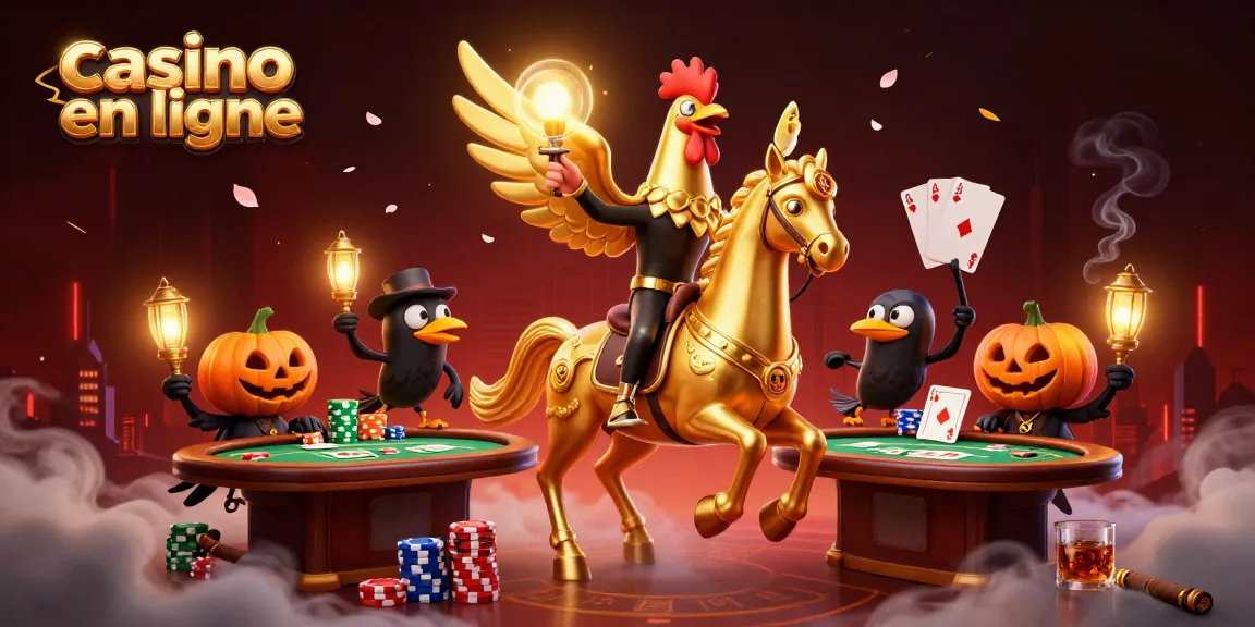 Illustration captivante d'un casino en ligne avec un coq doré et des corbeaux lanternes, entourés de jetons de poker.