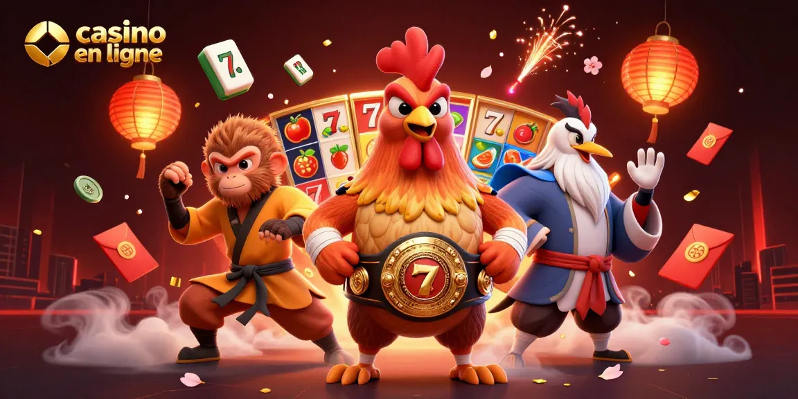 Jouer au casino en ligne avec le roi des coqs de Muay Thai et le maître de la grue, entourés d'éléments de jeu colorés.