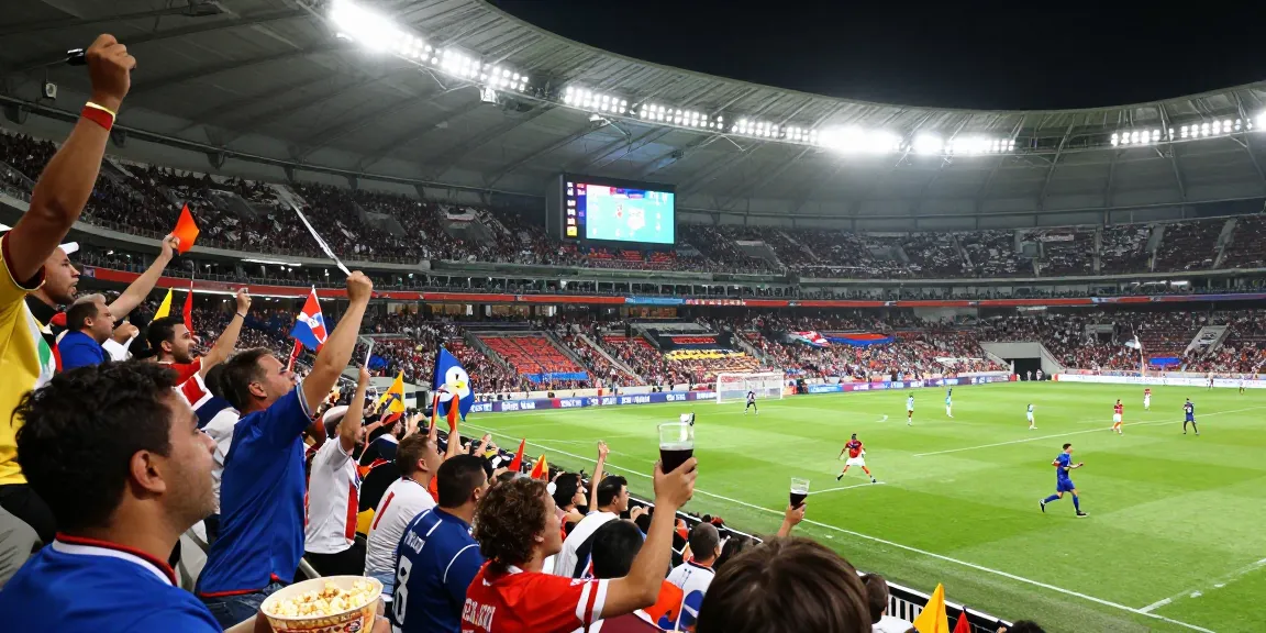 Live streaming bola di stadion dengan penggemar bersemangat dan aksi pemain di lapangan.