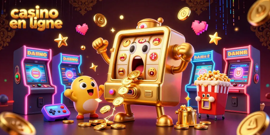 Faites tourner les rouleaux dans un casino en ligne avec une machine à sous dorée et des célèbres personnages de jeux.