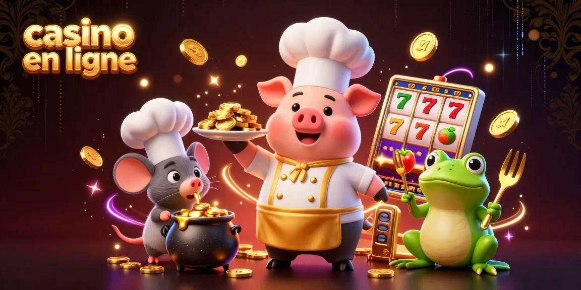 Découvrez une scène riche en éléments de casino en ligne avec un chef, une souris sous-chef et un critique, mis en valeur par des machines à sous.